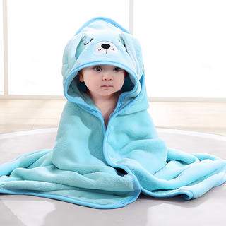 QiMart 可愛動物造型珊瑚絨寶寶斗蓬浴巾 藍狗狗 80x80cm, 1件