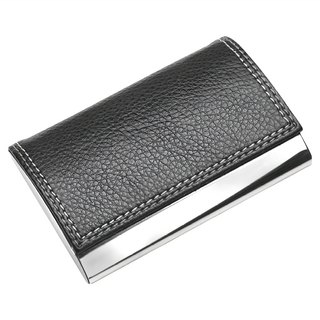 德國 REFLECTS 都會皮革名片盒，荔枝皮紋，鏡面拋光不鏽鋼，磁性吸附, 9.7 x 6.5 x 1.4cm, 深灰色