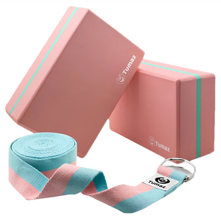 Tumaz 月熊 EVA瑜珈組 瑜珈磚2個+瑜珈繩 甜美粉, 瑜珈磚(23 x 15 x 7.7cm) + 瑜珈繩(0.3 x 3.8 x 300cm), 1組