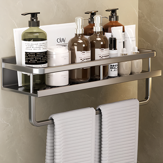 超級工廠 浴室置物架 有桿 40cm 灰色, 免打孔安裝, 浴室收納, 1個