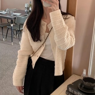 復古小香風圓領針織外套, 肩寬37cm 胸寬45cm 袖長50cm 全長49cm, 米白