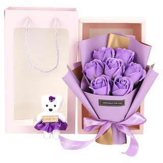 Mini嚴選 仿真7朵玫瑰小熊花束 附禮袋, 淺紫色玫瑰, 1組