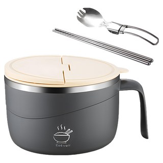 日式帶蓋304不鏽鋼大容量泡麵碗 附餐具 蓋子顏色隨機出貨 1.2L, 1個, 灰色