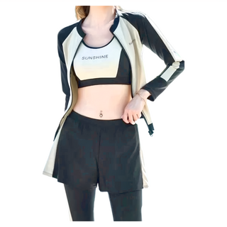 愛北鼻 成人女款 長袖分體泳衣 Set 5件, XXL 36C/40A/40B/34D, 米黑色