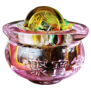 聚財金錢 琉璃水晶聚寶盆擺件 (火), 透明紅色