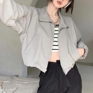 立領短版防風外套，聚酯纖維材質, 肩寬47cm 胸寬55cm 袖長58cm 全長61cm, 灰