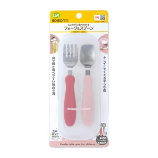 EDISON mama 嬰幼兒學習餐具組 附收納盒 1.5歲以上, 叉子 + 湯匙, 紅色 + 粉紅色, 幼兒用, 1組