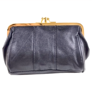 LIKEHOUSE 羊皮條紋雙層口金零錢包, 13.5 x 6 x 9cm, 黑色