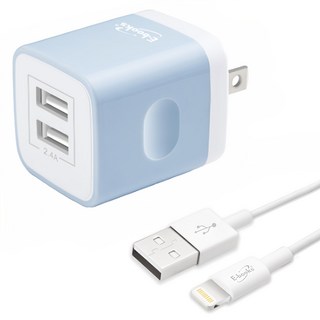 E-books B52 智慧分流2.4A雙USB快速充電器, 附贈 1M Lightning 充電線, 藍色, 1組