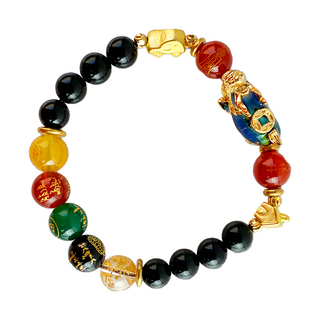 五姓財神龍龜手鍊 變色款 手握金球 象徵財富滾滾而來 金車金房 天然彩虹眼黑曜石, 17~17.5cm, SL-2110