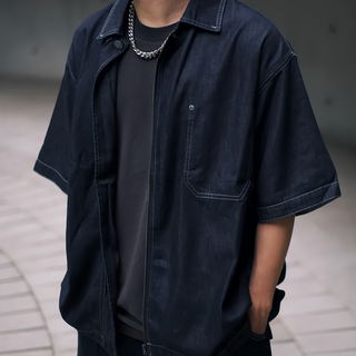 BOHRHOO 719 輕洗水拉鍊牛仔襯衫 短袖外套 XL 深藍