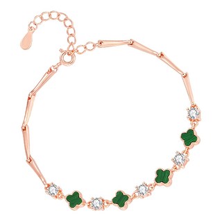 S999純銀孔雀石幸運草手鍊 鑲鑽四葉草 女士鏈條手鍊 帶來好運與美麗, 玫瑰金, 20cm, 1入