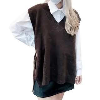 BUYLOVE 買到戀愛 V領開岔素色外搭毛衣背心, 肩寬46cm x 胸寬58cm x 全長68~70cm, 咖