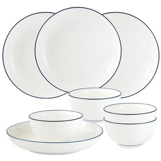 JUST HOME陶瓷8件餐具組 歐風小清新 輕食熟食皆宜, 8吋深盤4個 + 4.5吋飯碗4個, 里尼 白色, 1組