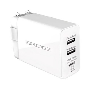 iBRIDGE PD急速雙USB充電器, 30W總功率, 1 USB-C+2 USB-A, 白色, 1個