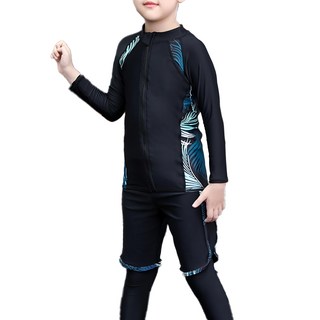 男童泳衣3件組 Set (外套、泳褲、防曬長褲), 2XL, 黑色