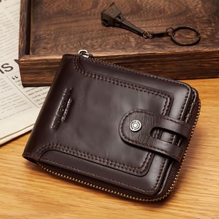 RFID頭層牛皮大口零錢袋拉鍊短夾 男款, 14卡片位, 2大鈔位, 防磁滌綸布, 9.5 x 12.5 x 2.5cm, 咖色