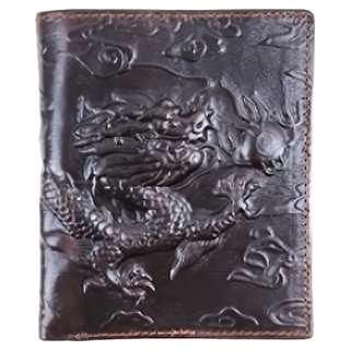 真皮壓紋男士短夾, 頭層牛皮, 長9.8 x 高11.5 x 厚1.3cm, 飛龍乘雲 豎款