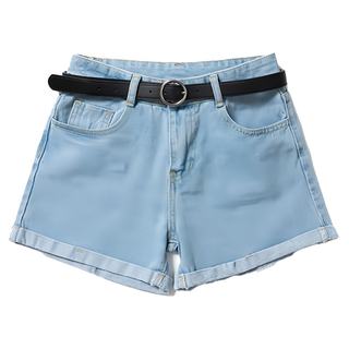 葉子小舖 女款高腰牛仔短褲 反折高腰 棉+聚酯纖維, L, 淺藍