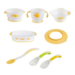 PiYOPiYO黃色小鴨 一階段學習餐具組 防滑單耳研磨碗, 雙耳碗 + 長湯匙 + 叉匙 + 雙耳杯 + 雙耳餐盤 + 餐具用防滑吸盤, 黃色 + 綠色, 1組
