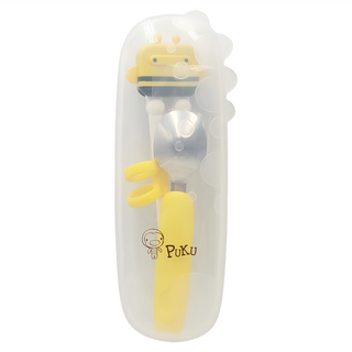 PUKU 藍色企鵝 三指環設計 輕鬆學習拿筷子 湯匙勺面加深 方便餵食 筷頭加寬 夾取更容易, 黃色, 學習筷 + 湯匙 + 收納盒, 1組