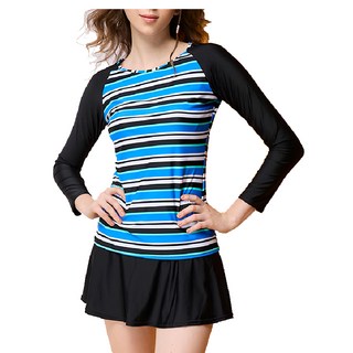 Summer love 夏之戀 大女衝浪裝二件式 長袖上衣+褲裙 中國製, 藍色 + 黑色 + 白色