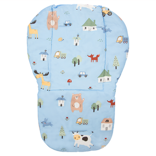 OhBabyLuxury 通用棉布薄款推車坐墊, 輕巧透氣，可愛動物園圖案，寶寶外出必備, 1個, 藍色動物園