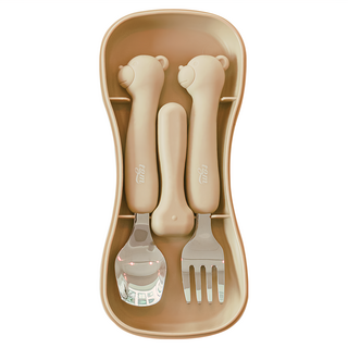 tgm 矽膠小熊造型不鏽鋼餐具組 可用洗碗機清洗, 淺褐色, 湯匙 + 叉子 + 收納盒, 1組