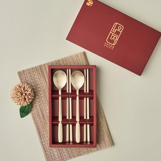 Obuja 傳統手工鍛造青銅宮廷湯筷2人組, 湯匙 + 筷子 + 禮盒, 1組, 宮廷設計 金色