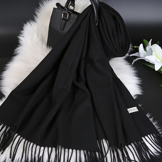 KissDiamond 純色喀什米爾羊絨加厚保暖兩用披肩圍巾 流蘇款 70%聚酯纖維+20%嫘縈+10%Cashmere, 黑色, 185 x 70cm