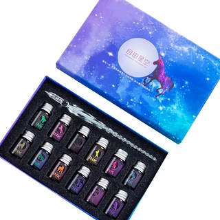 水晶玻璃沾水筆 + 12色墨水 書寫工具禮盒組, 12色