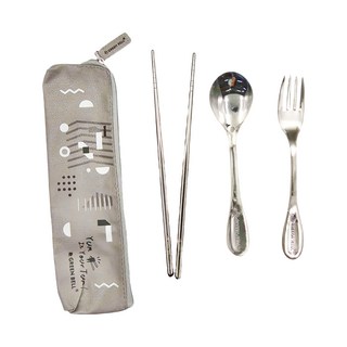 Green Bell 綠貝 幾何風餐具組 - 304不鏽鋼餐具 尼龍餐具袋, 餐具袋 23cm + 筷子 21cm + 叉子 16.5cm + 湯匙 16.5cm, GBK-300, 1組