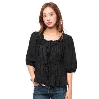 CARET 女款綁帶皺褶雪紡衫, 均碼, 黑