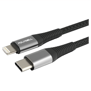 POLYWELL 寶利威爾 Type-C Lightning 蘋果PD快充編織線 iPhone PW15-W45-A286, 2m, 灰色, 1條