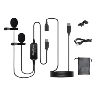 CKMOVA 全向電容式雙頭領夾式麥克風 Type-C，快速充電2.5小時，續航40小時，降噪開關, LCM6CD, 黑色