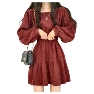 女款韓系甜美減齡收腰洋裝, 不適用, 紅色