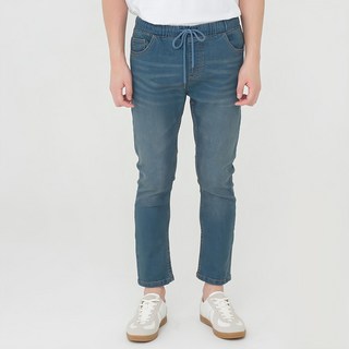 CARET 男款 彈性綁帶九分牛仔褲, 28, 藍色