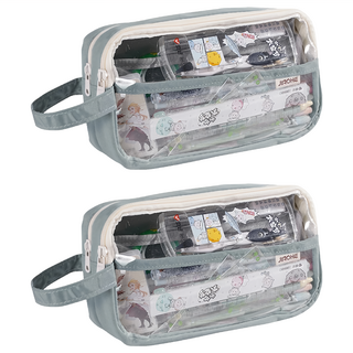 大容量透明雙層文具筆袋 雙開款, 灰藍色, 2個