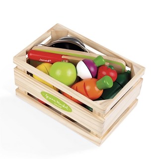 Janod 妙廚師好料理 蔬果藍 Set, 木質玩具, 適合3歲以上兒童, 切切蔬果總匯 木紋色, 20.3 x 13.3 x 10.5cm, 1盒