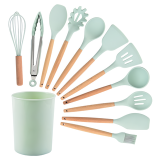 SUNORO 日式木柄矽膠廚具 廚房烹飪工具 12件組, 漏鏟 + 鍋鏟 + 刮刀 + 飯勺 + 平頭勺 + 漏勺 + 湯勺 + 撈面勺 + 油刷 + 打蛋器 + 食物夾 + 收納桶, 1組, 綠色