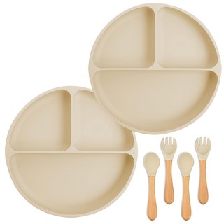 AHOYE 食品級 學習餐具/兒童餐具 不含BPA, 2組, 米白色, 矽膠餐盤 + 湯匙 + 餐叉