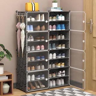 多功能側開式 2列8層 內隔2層 組合鞋櫃, 灰黑色, 1個