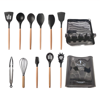 不沾鍋矽膠鍋鏟廚具12件組, 耐230°C高溫, 寬形收納桶, 湯勺1個+鍋鏟1個+密勺1個+漏勺1個+麵抓勺1個+漏鏟1個+刮刀1個+刮條1個+打蛋器1個+油刷1個+食物夾1個+收納桶1個+刮鏟墊(贈品)1個, 義式黑, 1組