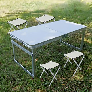 FOSO 方管無傘孔鋁合金折疊桌/一桌四椅(時尚白) 露營野餐便攜, 1入