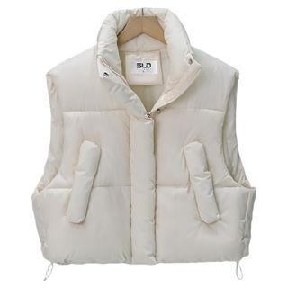 立領好比例短版保暖羽絨背心, 口袋設計, 全長48cm 胸寬48cm 領口11cm, 米白