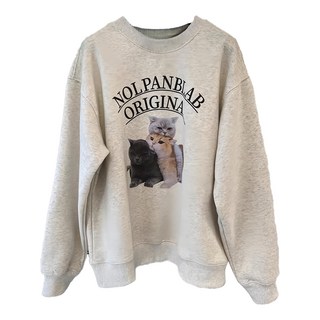 英式小貓咪印花大學T, 棉+聚酯纖維, 2XL, 灰色