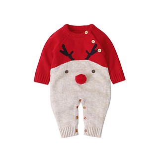 Kori Deer 可莉鹿 保暖聖誕麋鹿造型毛線針織長袖連身衣，柔軟親膚，節慶穿搭首選, 1入, 紅色, 70cm