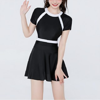 連體褲裙泳衣挖背 女款 短袖, M, 黑色, 1個