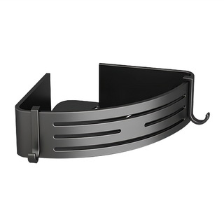 太空鋁浴室收納架 三角加高帶兩鉤 可使用無痕膠貼/螺絲鑽孔安裝, 黑色, 1個