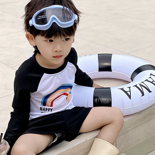 男童長袖分體泳衣組 泳衣 + 泳褲 + 泳帽, 3XL, 字母彩虹